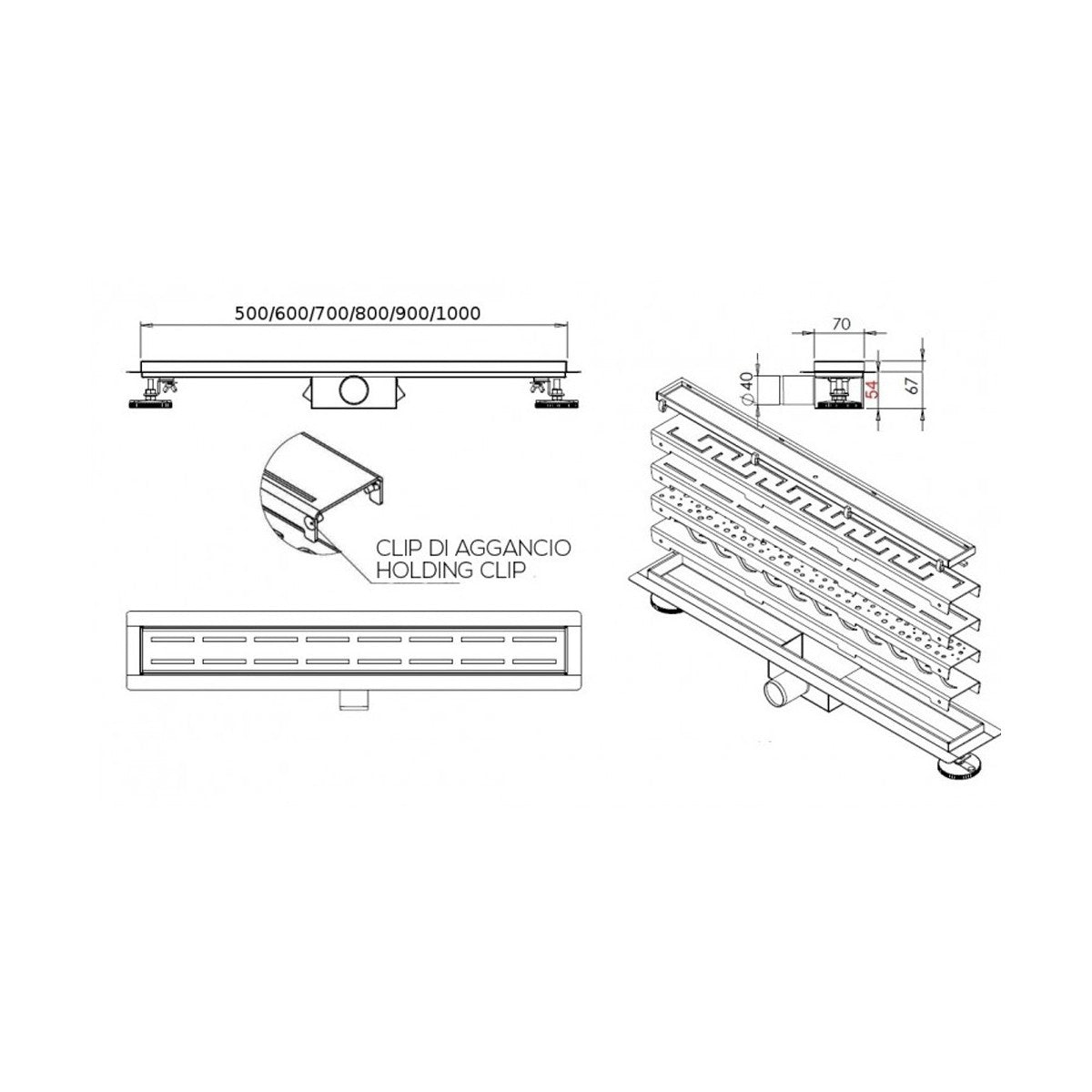 Canaletta doccia inox con griglia decorata e piedini linea, dimensioni 60