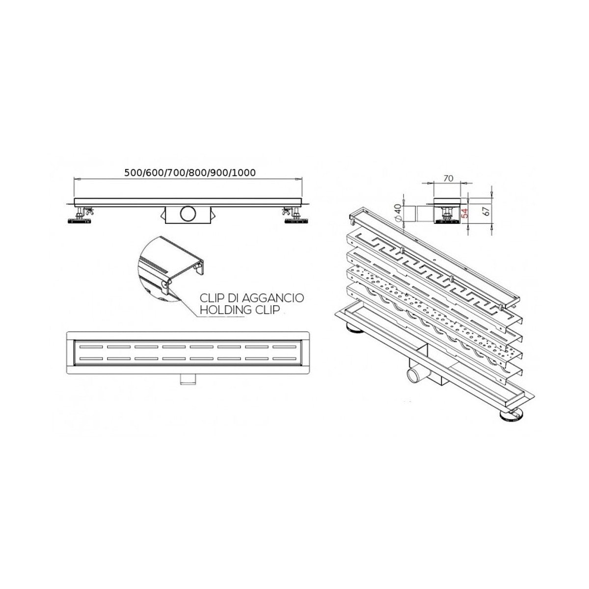 Canaletta doccia inox con griglia in acciaio liscia e piedini flat, dimensioni 100