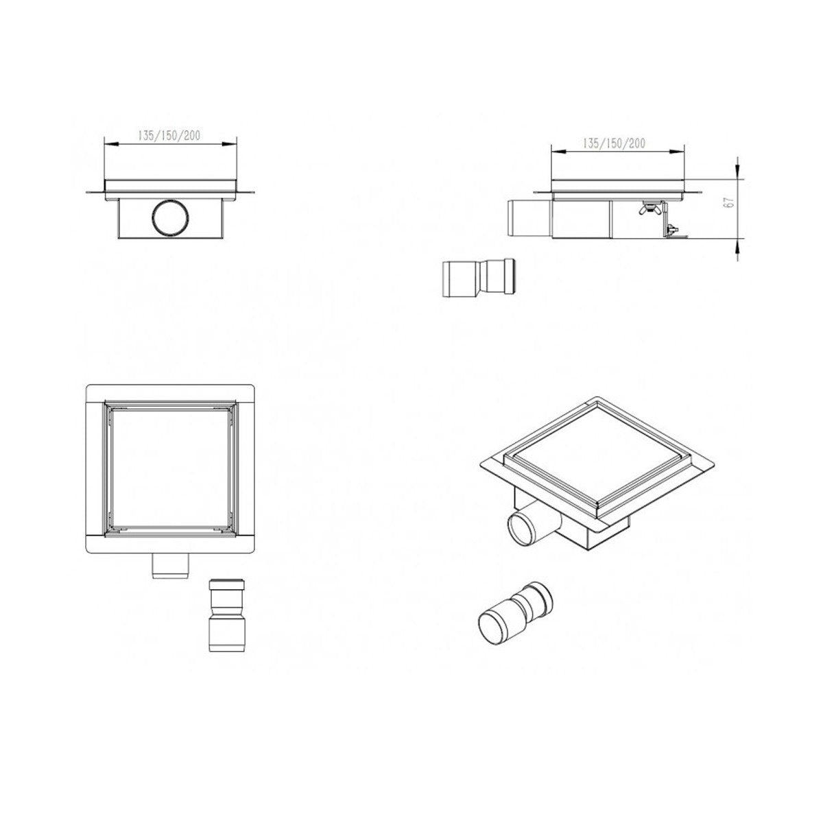 Canaletta doccia inox quadrata per scarico filopavimento 13,5 - 15 - 20cm, dimensioni 20cm