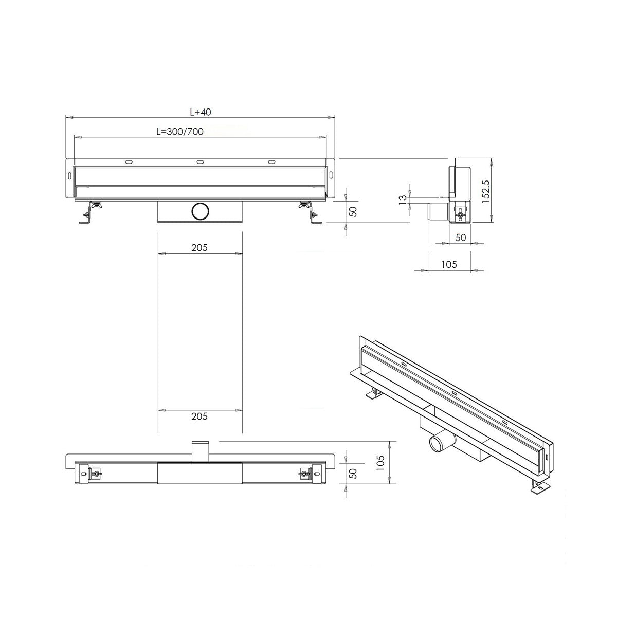 Canaletta doccia inox scarico a muro da 30 e 70cm, dimensioni 30cm