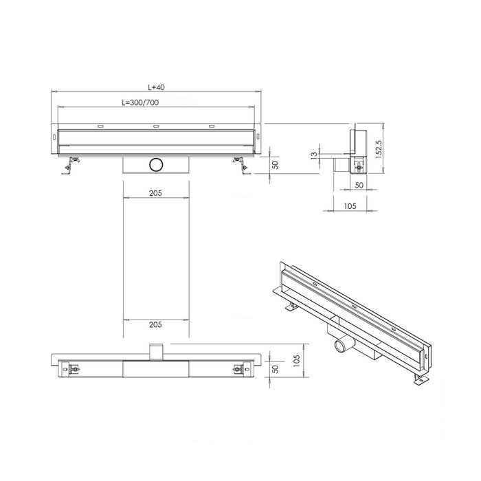 Canaletta doccia inox scarico a muro da 30 e 70cm, dimensioni 30cm