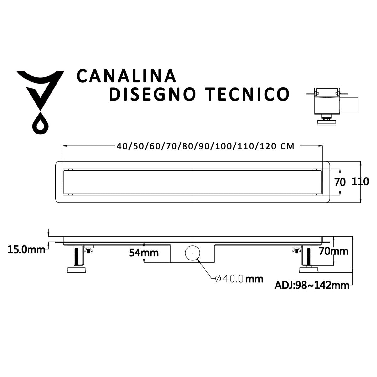 Canalina di scarico doccia a pavimento piastrellabile o inox, misura 120