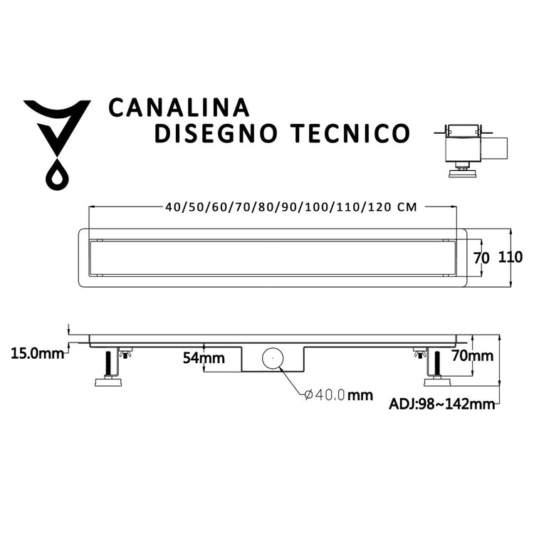 Canalina di scarico bagno con griglia in vetro nero, misura 60