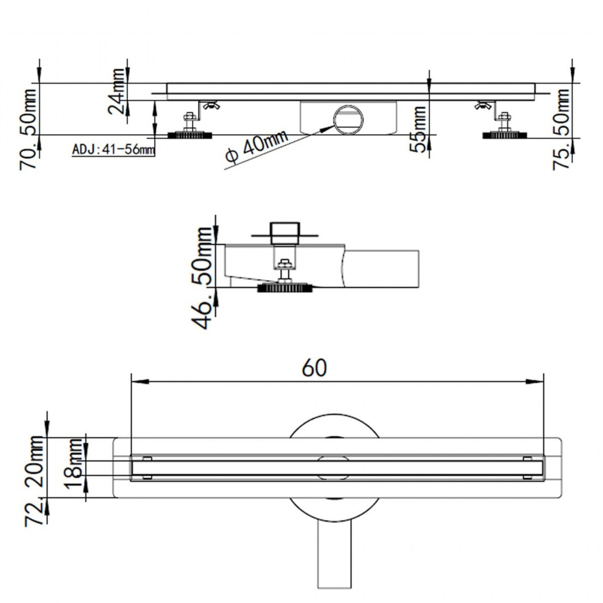 Canalina di scarico doccia slim a pavimento 60 80 cm, misura 60