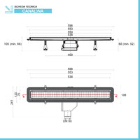 Canalina doccia a pavimento 55 cm con cover acciaio inox cromato e scarico incluso