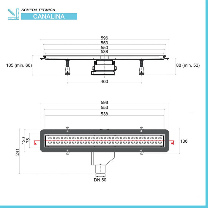 Canalina doccia a pavimento 55 cm con cover acciaio inox cromato e scarico incluso