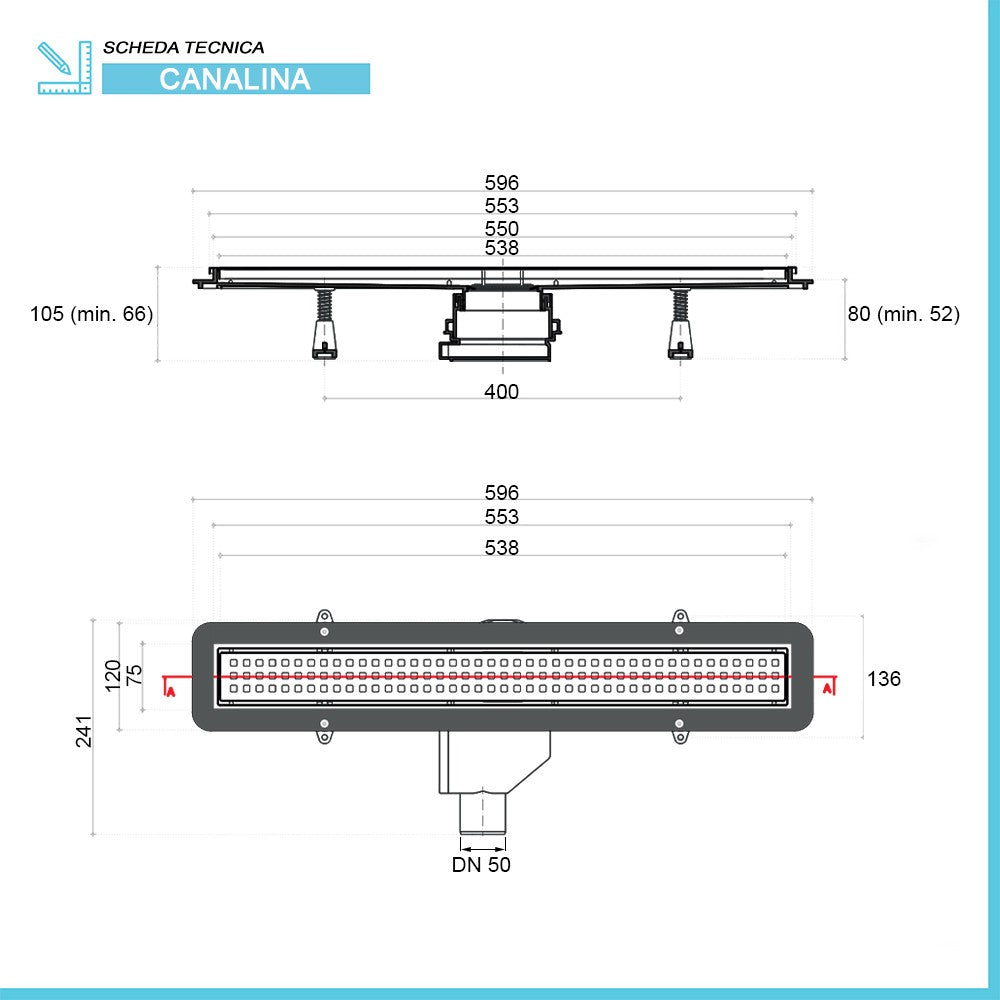 Canalina doccia a pavimento 55 cm con cover piastrellabile in acciaio inox e scarico incluso