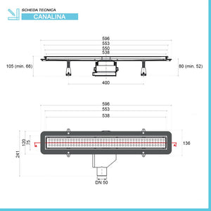 Canalina doccia a pavimento 55 cm con cover piastrellabile in acciaio inox e scarico incluso