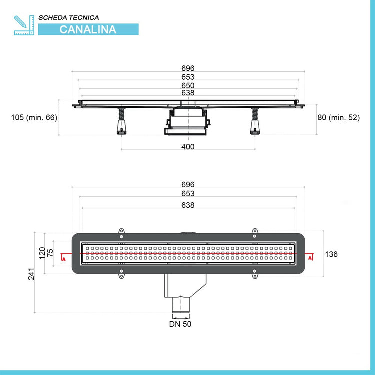 Canalina doccia a pavimento 65 cm con cover acciaio inox cromato e scarico incluso