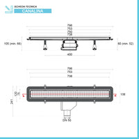 Canalina doccia a pavimento 75 cm con cover acciaio inox cromato e scarico incluso