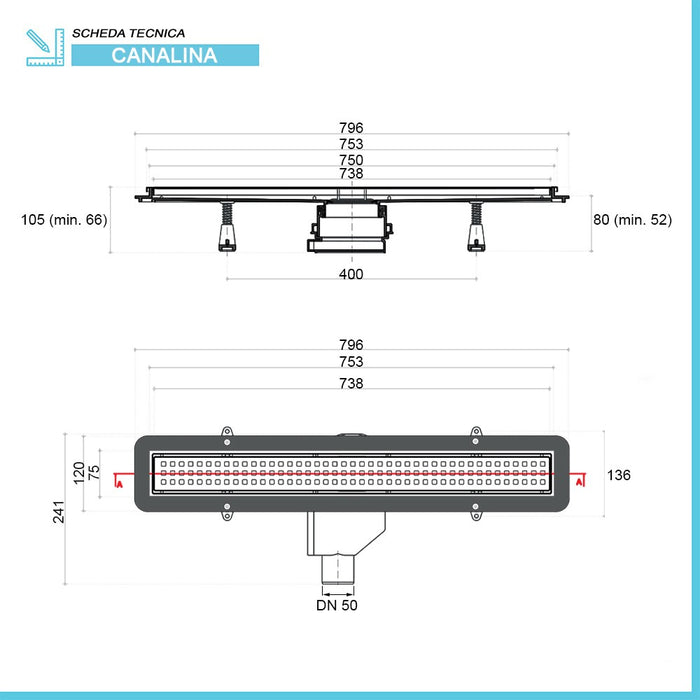 Canalina doccia a pavimento 75 cm con cover acciaio inox cromato e scarico incluso