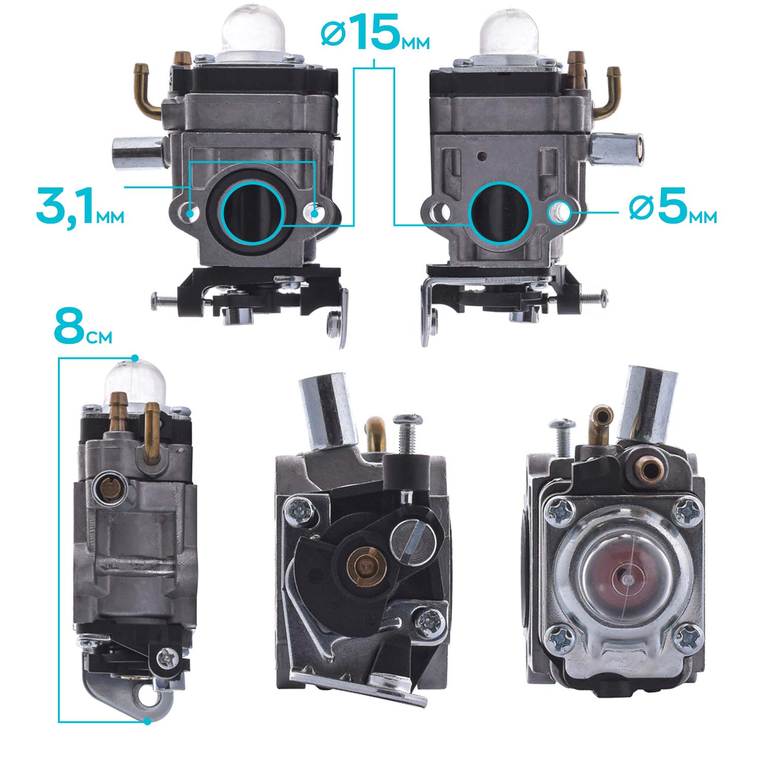 Carburatore per motori a 2 tempi da 49cc/52cc/62cc con foro aspirazione 15mm e vite aria pretarata. Carburtatore di ricambio per decespuglaitori, tagliaerba, tagliarami, scooter, ciclomotori, ATV, mini quad e go kart