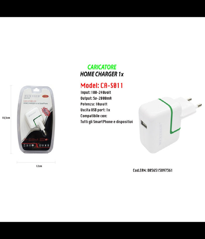 Caricabatteria Caricatore Usb Ultra Ricarica Per Smartphone 5v-2100ma Maxtech Ca-s011         