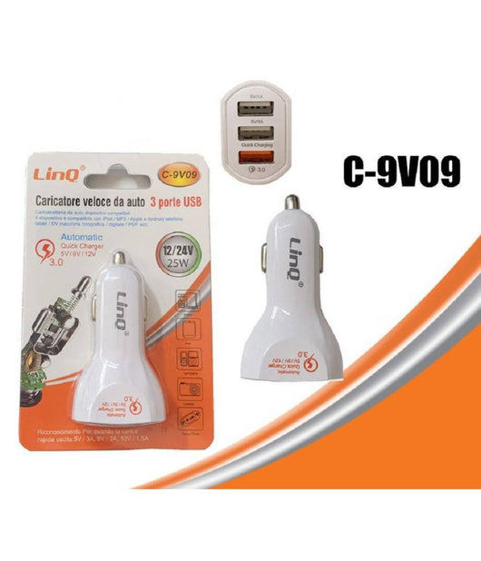 Caricabatteria Da Auto Caricatore Ricarica Veloce 3 Porte Usb 12/24v 25w C-9v09         