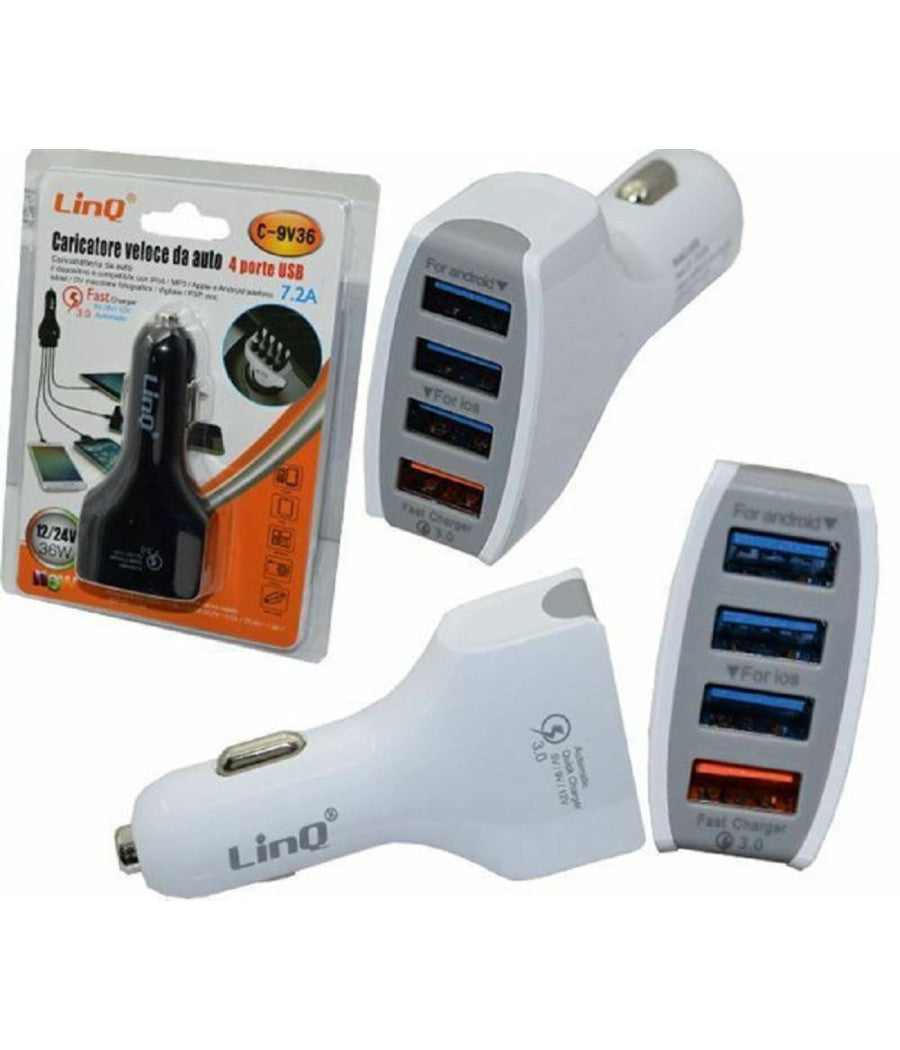 Caricabatteria Da Auto Ricarica Veloce 4 Porte Usb 5v 9v 12v 24v 7.2a 36w C-9v36         