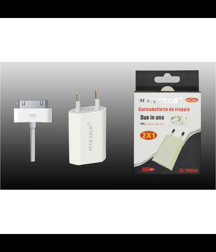 Caricabatteria Da Viaggio 2x1 Attaco Usb Casa Iphone 4 5v-1000ma Maxtech Ms-t003         