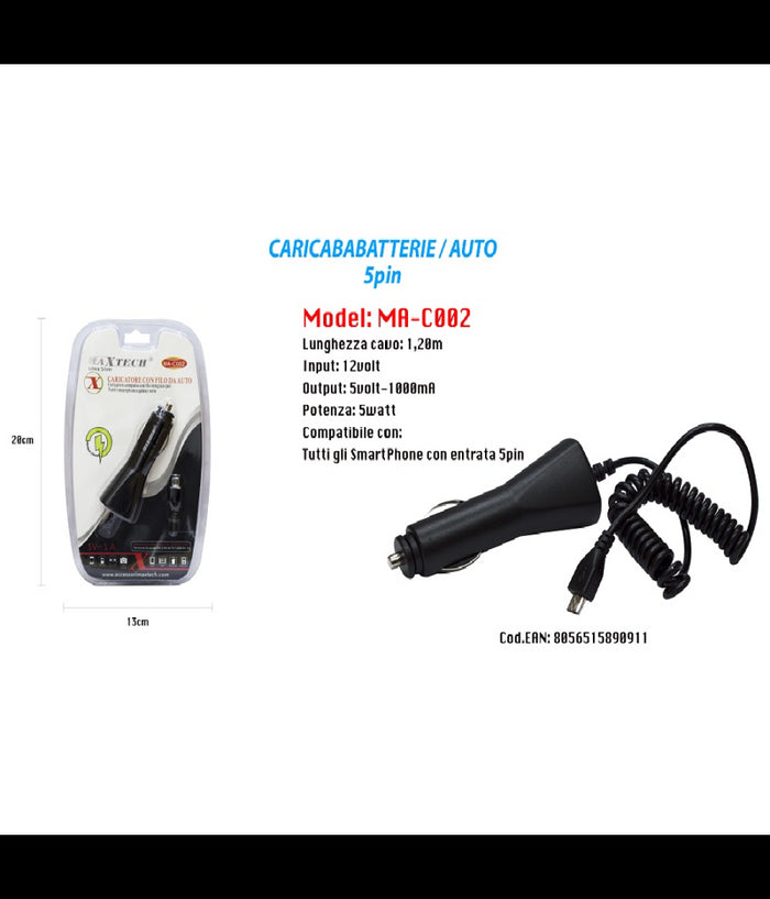 Caricabatteria Usb Caricatore Cavo 1,20m Da Auto Ricarica Smartphone 5v-1000ma Maxtech Ma-c002         