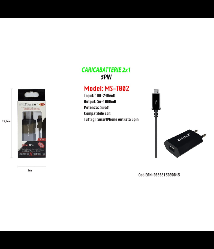 Caricabatterie 2x1 5pin Per Samsung Galaxy Series Smartphone 5v/1a Maxtech Ms-t002         