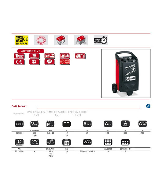 Caricabatterie Avviatore Monofase 230v-12-24v Dynamic 520 Start Telwin 829383         