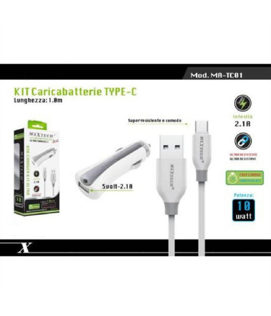 Caricabatterie Caricatore Auto Cavo Usb Type-c 1mt Ricarica 10w Maxtech Ma-tc01         