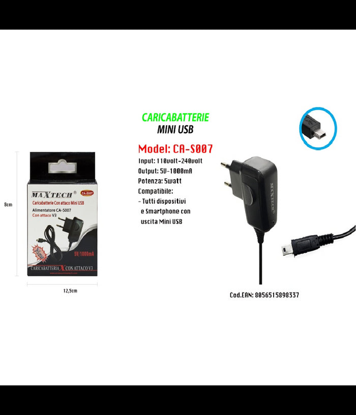 Caricabatterie Con Attacco Mini Usb V3 Per Smartphone Uscita Mini Usb Maxtech Ca-s007         