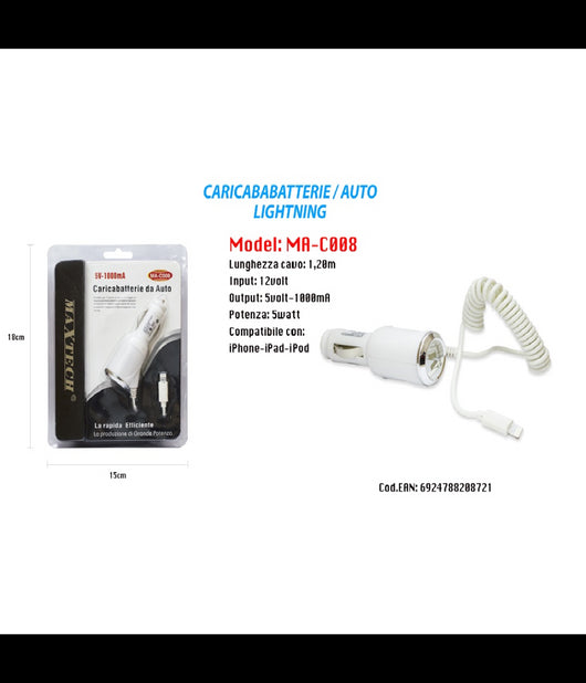 Caricabatterie Da Auto Maxtech Usb Cellulare Smartphone 5v-1000ma Ma-c008         