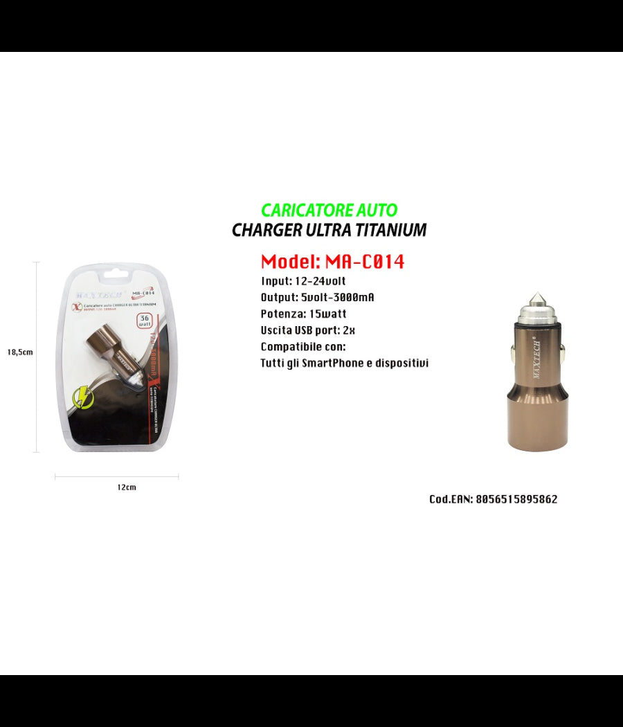 Caricatore Auto Portatile Per Smartphone Dispositivi 15w 12-24v Maxtech Ma-c014         