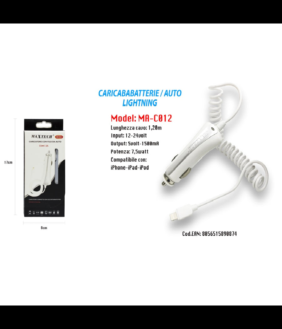 Caricatore Per Auto Usb Smartphone Caricabatteria Ricarica 5v-1000ma Cavo Apple         