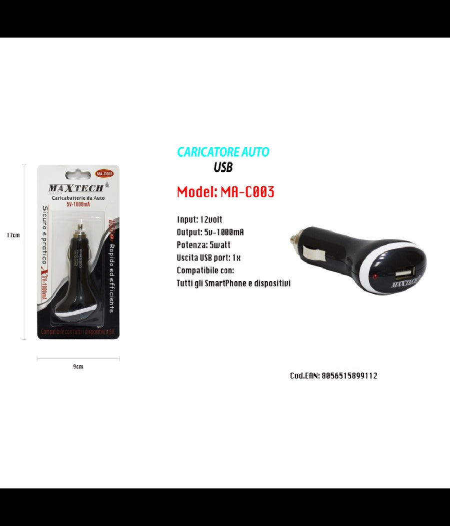 Caricatore Universale Da Auto Cavo Presa Accendisigari 5v-1000ma Usb 2.0 Maxtech Ma-c003         