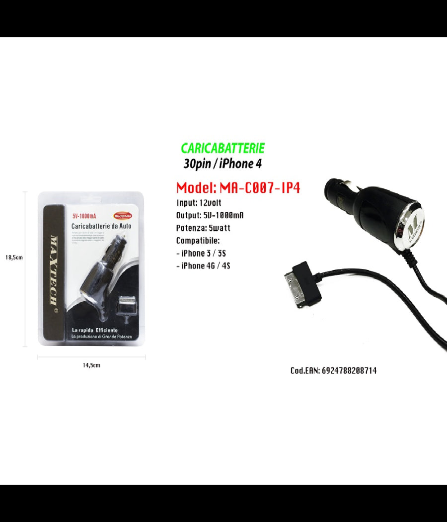 Caricatore Usb Da Auto Caricabatteria Ricarica Smartphone Ip4 5v-1000ma Maxtech Ma-c007-ip4         