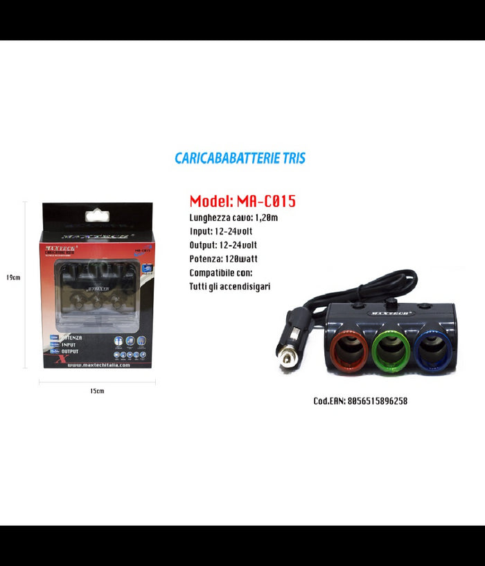 Caricatore Usb Da Auto Per Accendisigari Universale 120w Accessori 3x1 Maxtech Ma-c015         