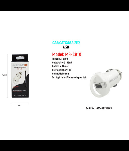 Caricatore Usb Presa Per Auto Accendisigari Caricabatteria 5v/2.1a Maxtech Ma-c010         