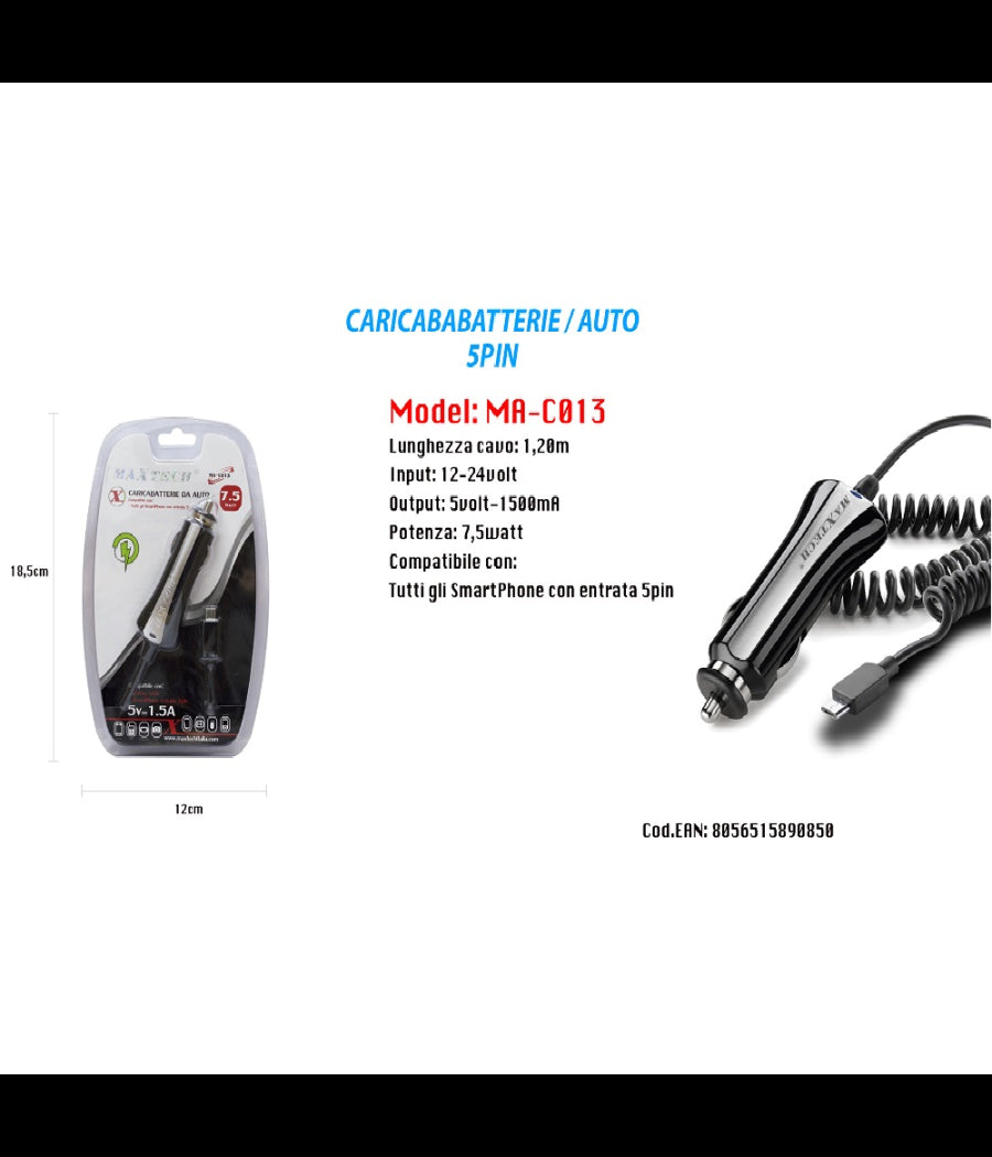 Caricatore Usb Ricarica Caricabatteria Smartphone 5pin 5v-1500ma Da Auto Maxtech Ma-c013         