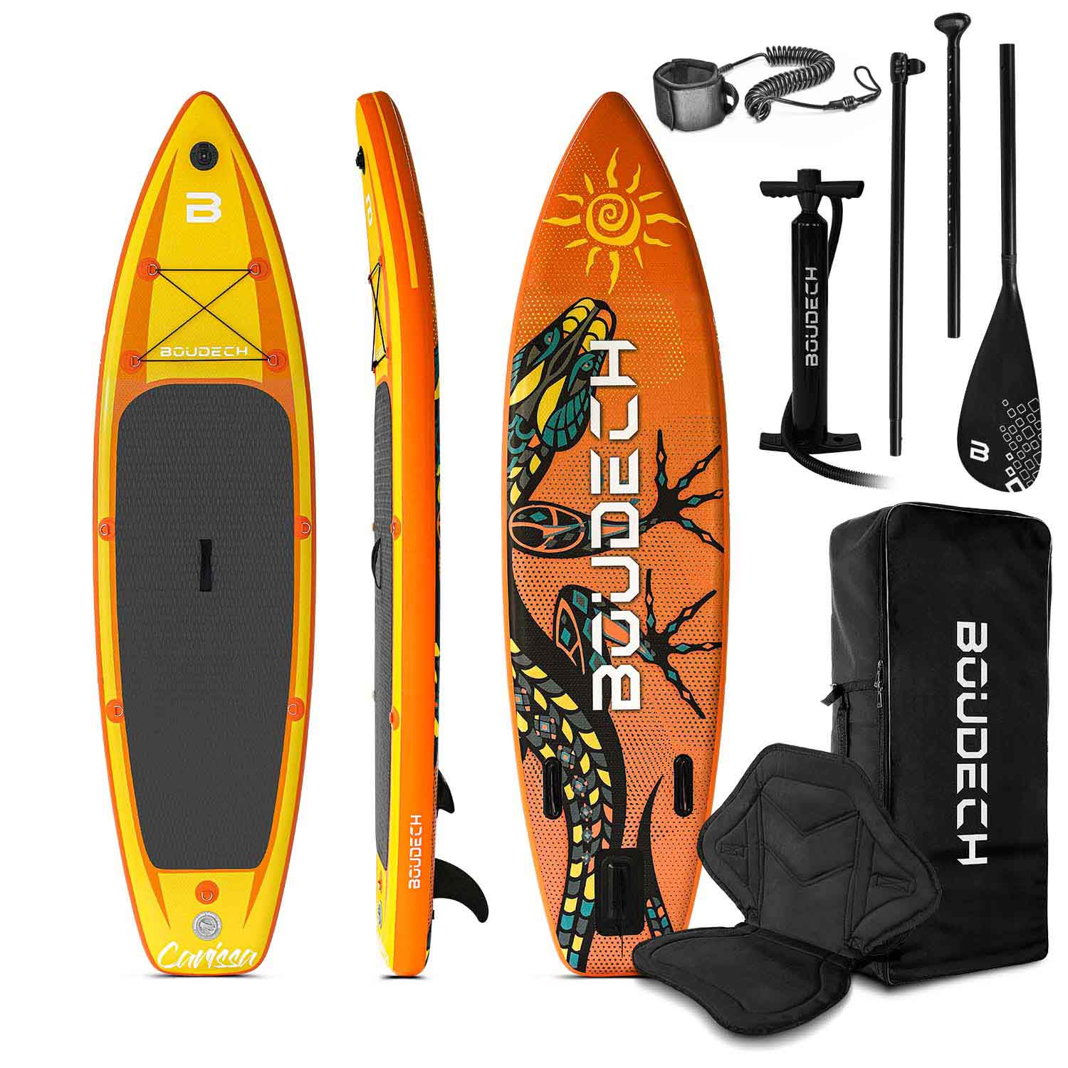 Stand Up Paddle Board Flatwater/Touring Clarissa Jungle - Tavola da SUP gonfiabile 300X75X15 cm con sediolino pagaia regolabile, cavigliera, gonfiatore, kit riparazione e borsa da trasporto. Peso Max 140kg