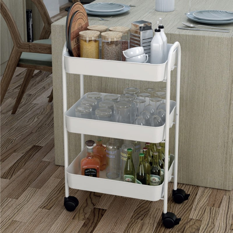 Carrello da cucina 3 ripiani in metallo bianco con ruote Tier 45.5x32x76.4H