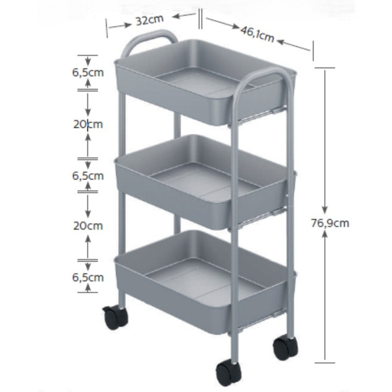 Carrello da cucina 3 ripiani in metallo bianco con ruote Tier 45.5x32x76.4H