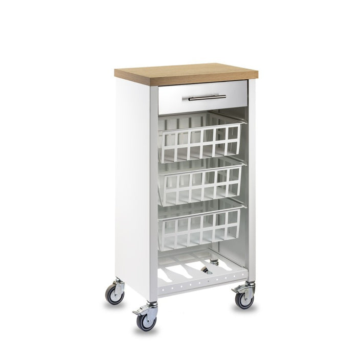 Carrello da cucina KARA struttura bianca, ripiano legno chiaro