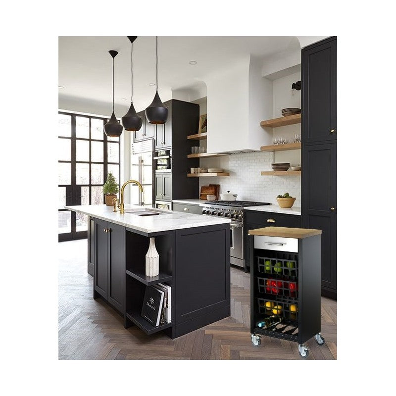 Carrello da cucina KARA struttura nera, ripiano legno chiaro