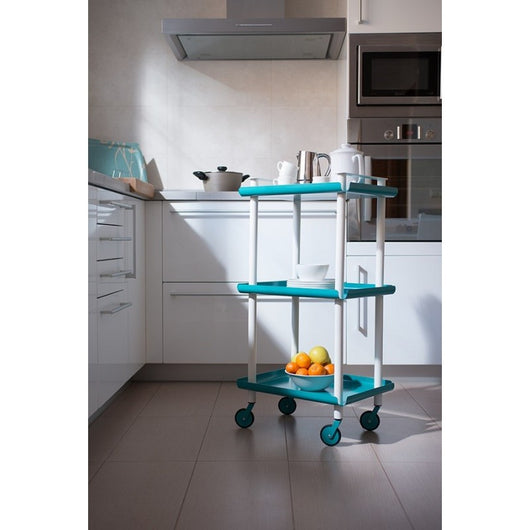 Carrello da cucina LEKY, 3 ripiani, struttura grigia, colore celeste