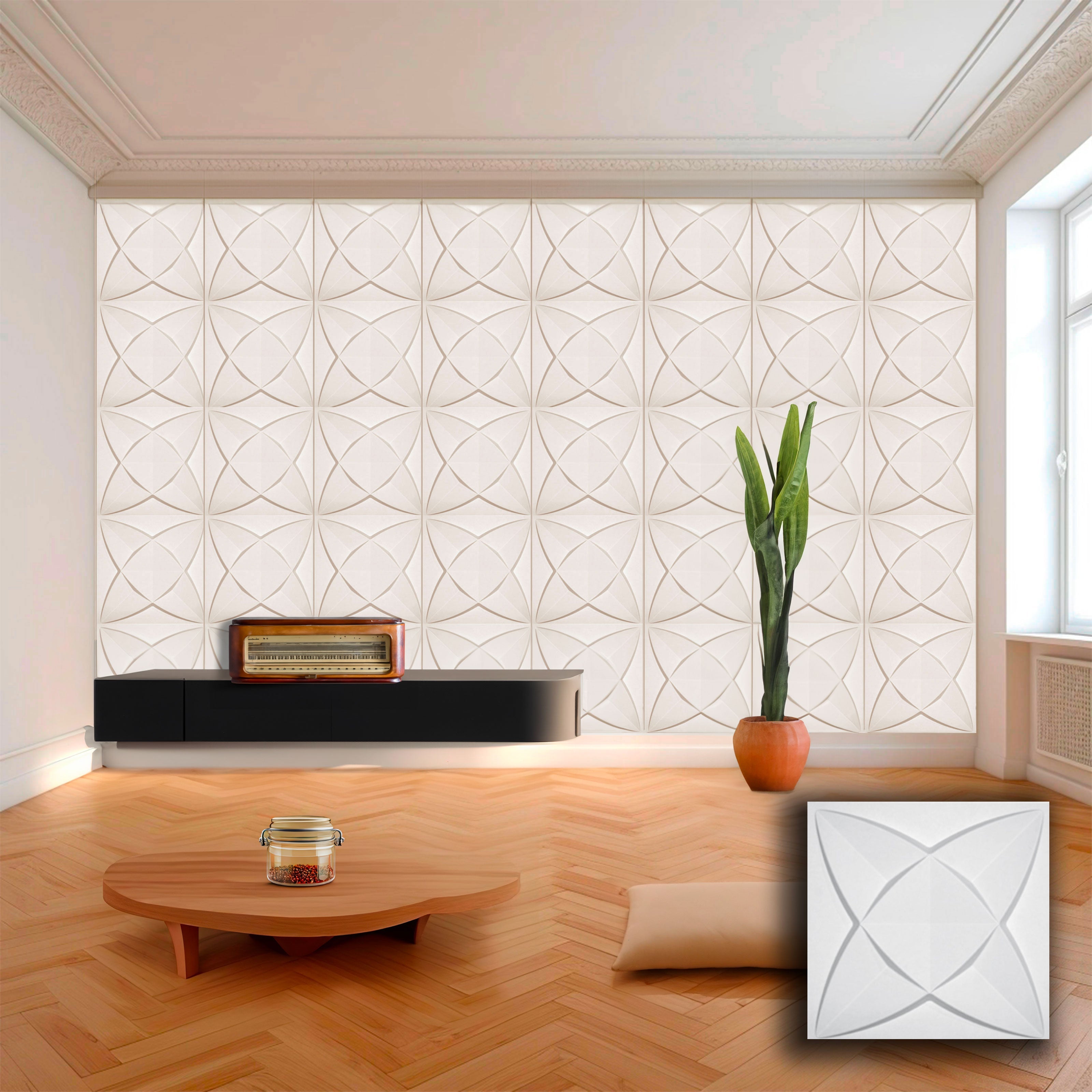 €1,99 Pannello in fibra naturale a parete 3D, rivestimento di lusso 3D 50X50cm BIANCO verniciabile PETALI