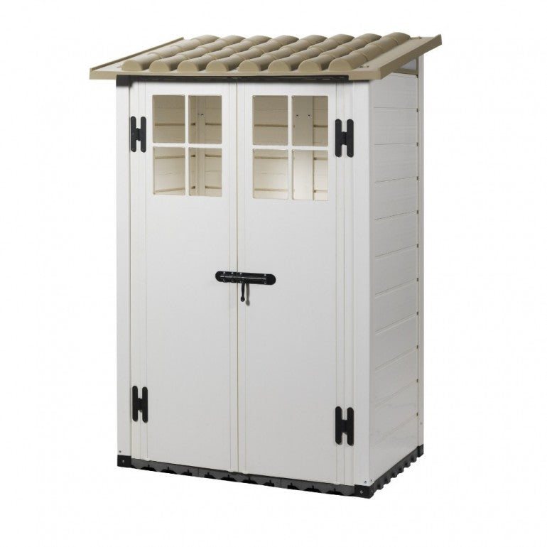 Casetta da Giardino in Resina Tuscany Evo 100 con 2 porte centrali, Pavimentazione inclusa, colore Beige, 95x139x201h cm