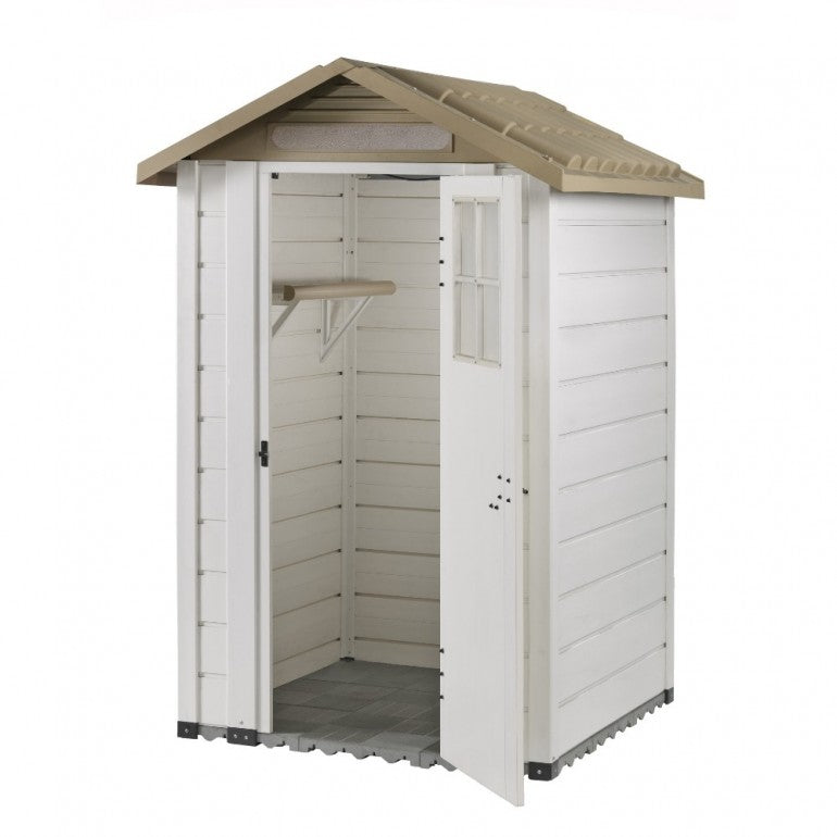 Casetta da Giardino in Resina Tuscany Evo 120 con 1 porta centrale, Pavimentazione inclusa, colore Beige, 137x144x214h cm