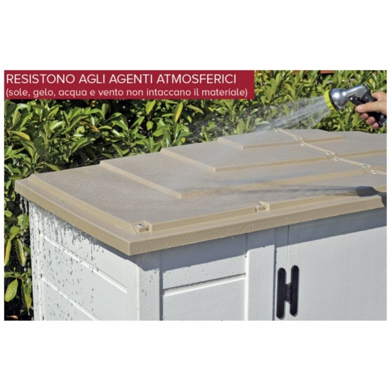 Casetta da Giardino in Resina Tuscany Evo 120 con 1 porta centrale, Pavimentazione inclusa, colore Beige, 137x144x214h cm