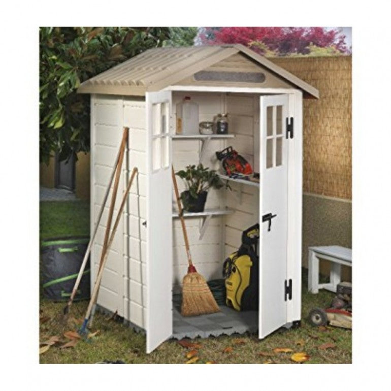 Casetta da Giardino in Resina Tuscany Evo 120 con 2 porte centrali, Pavimentazione inclusa, colore Beige, 137x144x214h cm