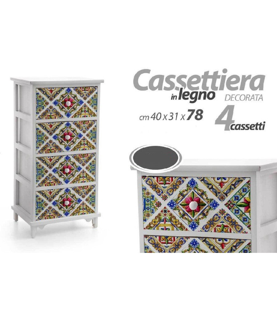 Cassettiera Legno 4 Cassetti Mediterraneo Cucina Bagno Camera 78x40x31cm 829376         