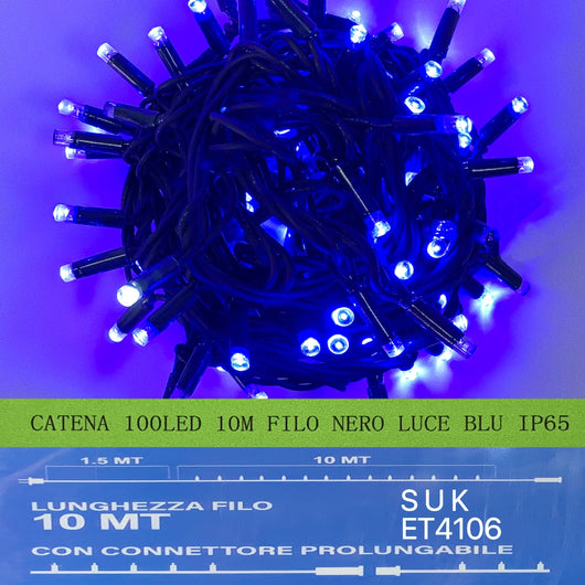 catena luminosa 100 led 10 metri filo nero luce blu ip65 /ET4106 - ETTROIT