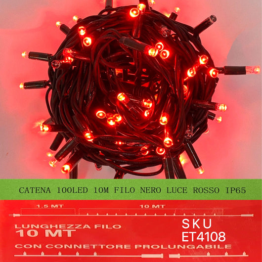 catena luminosa 100 led 10 metri filo nero luce rosso ip65 /ET4108 - ETTROIT