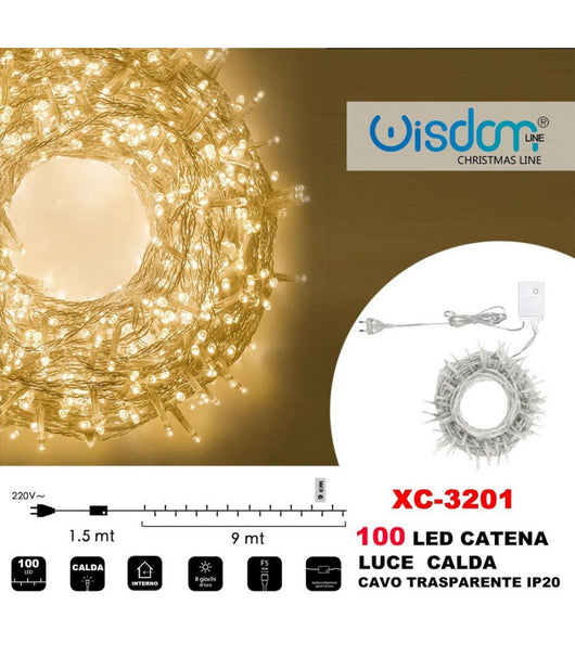 Catena Luminosa 100 Luci Led Lucciole Luce Calda Cavo Trasparente Ip20 Xc-3201         