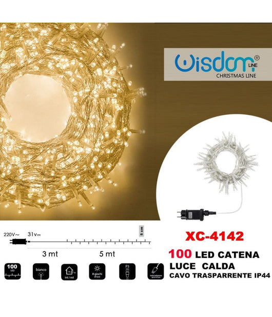 Catena Luminosa 100 Luci Led Lucciole Luce Calda Cavo Trasparente Ip44 Xc-4142         