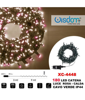 Catena Luminosa 180 Luci Led Lucciole Luce Rosa + Calda Cavo Verde Ip44 Xc-4448         